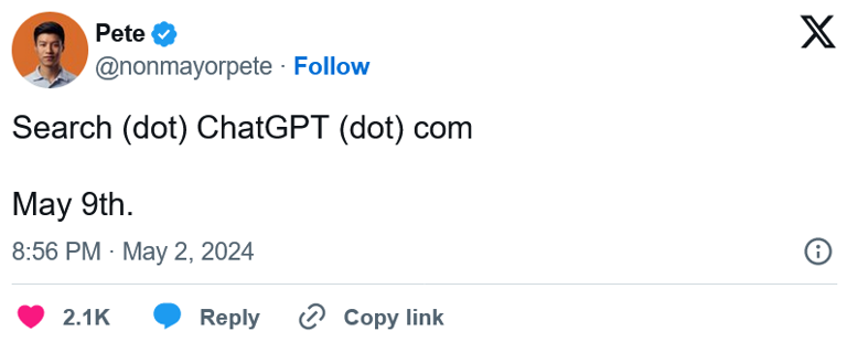 新域名的存在表明 ChatGPT 的谷歌搜索引擎替代品可能即将面世