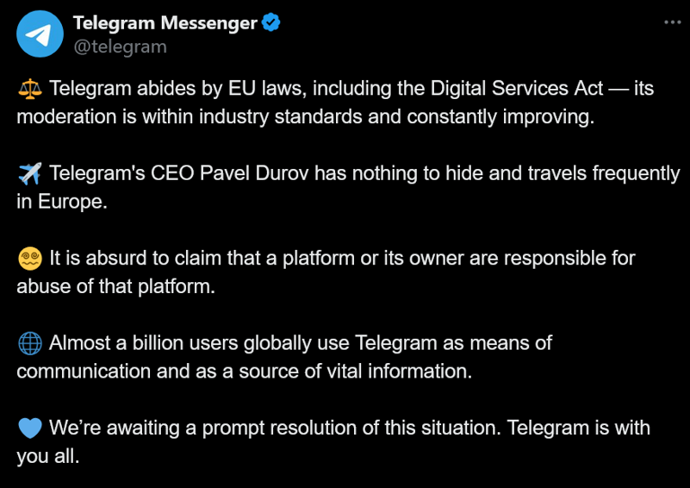 Telegram创始人被捕 Telegram回应称被捕的首席执行官杜罗夫&ldquo;没有什么可以隐瞒的&rdquo;