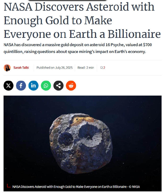 美国NASA发现一颗富含黄金小行星 估值5.53亿亿元