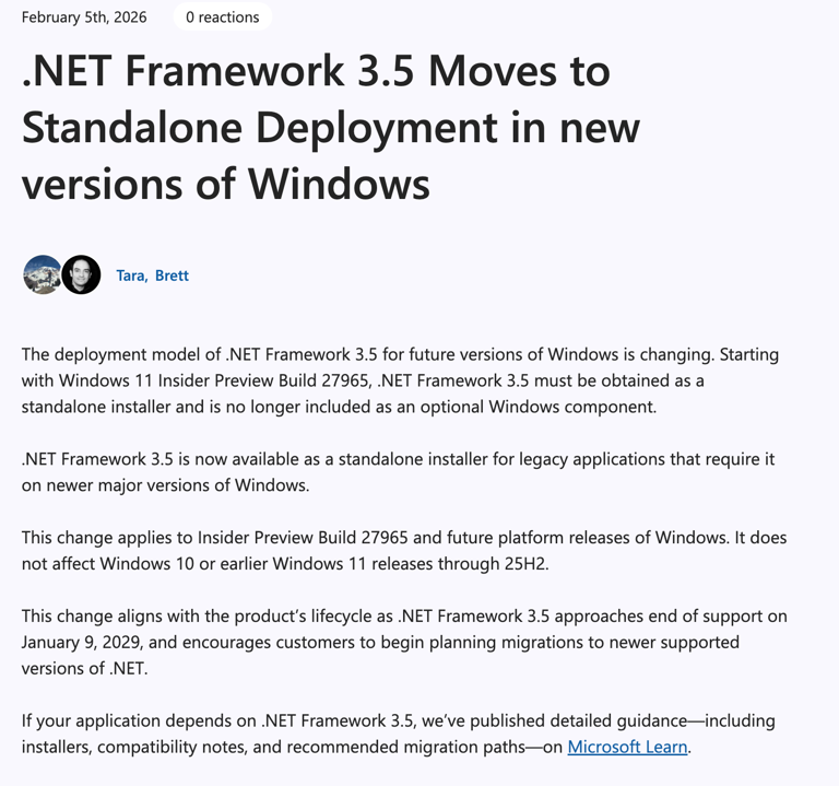 微软宣布将移除.NET Framework 3.5可选Windows组件 改为独立安装分发
